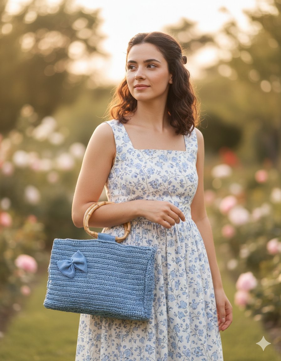 una donna con i capelli castani e un vestito con spalline bianco con fiori azzurri indossa la borsa romantica. manici in bambu, il resto lavorato con la rafia color carta da zucchero e impreziosita da un fioco dello stesso colore della borsa
