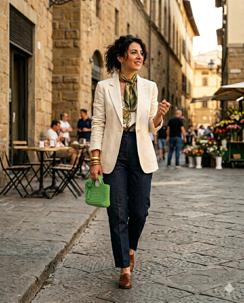Mini bag verde artigianale all'uncinetto con decoro floreale, indossata a mano da una donna in un outfit urbano chic su una strada acciottolata. Immagine generata con intelligenza artificiale per scopi illustrativi.
